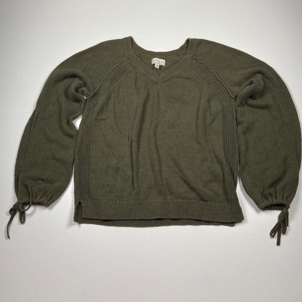 Lucky Brand Earthy V-Neck Sweater Size M Olive Lantern Slit & Tie Cuff Sleeve